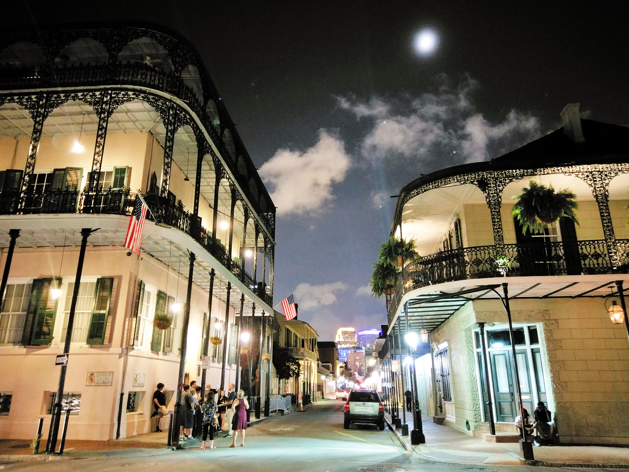 Buildings in the French Quarter of New Orleans at night.