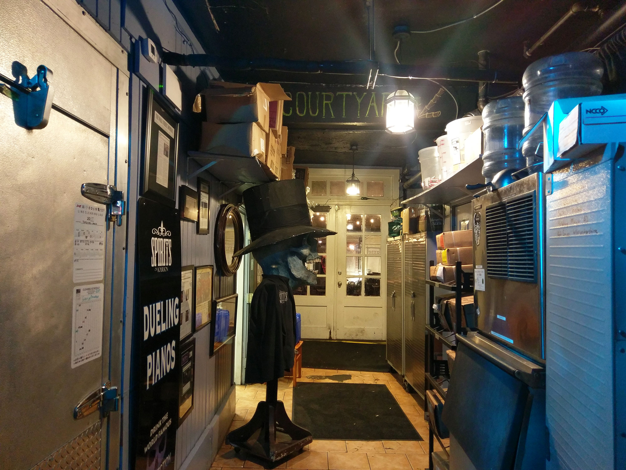 A creepy skull mannequin at a closed restaurant in New Orleans.