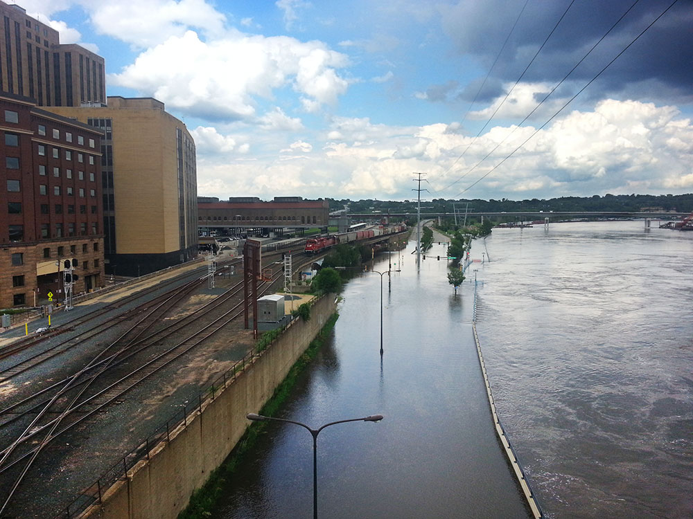 Flooding in downtown Saint Paul, Minnesota.