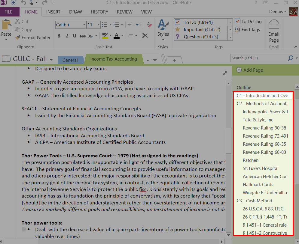 OneNote subpages used for housing full reading assignments.