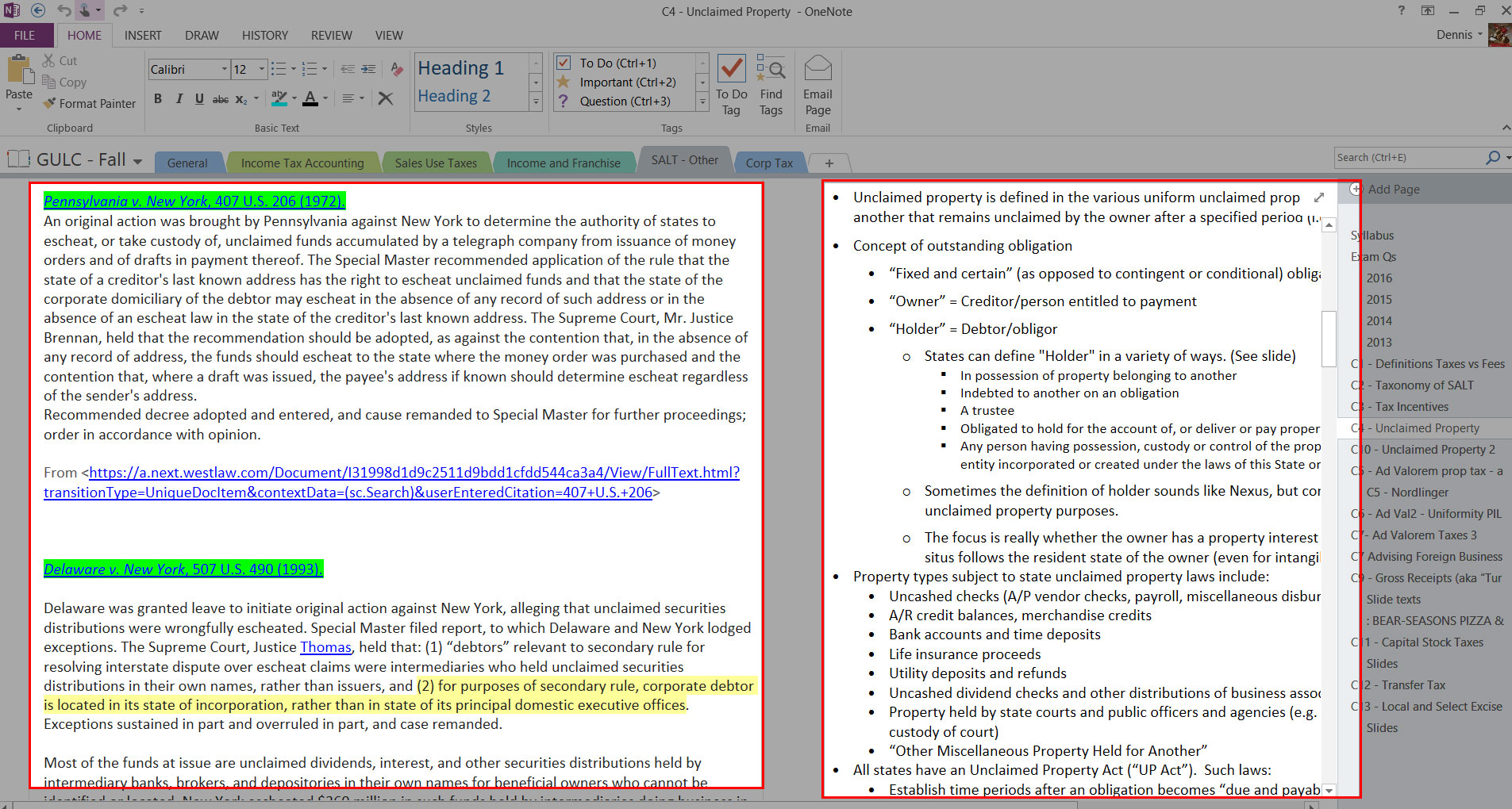 Two column notes in OneNote.