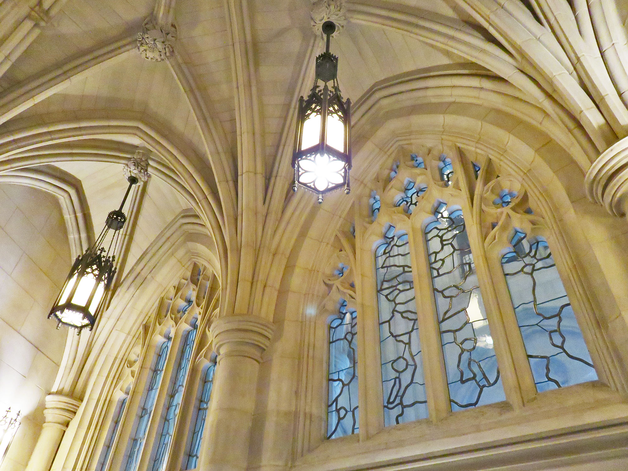 Lamps and the vaulted ceiling at the Washington National Cathedral.