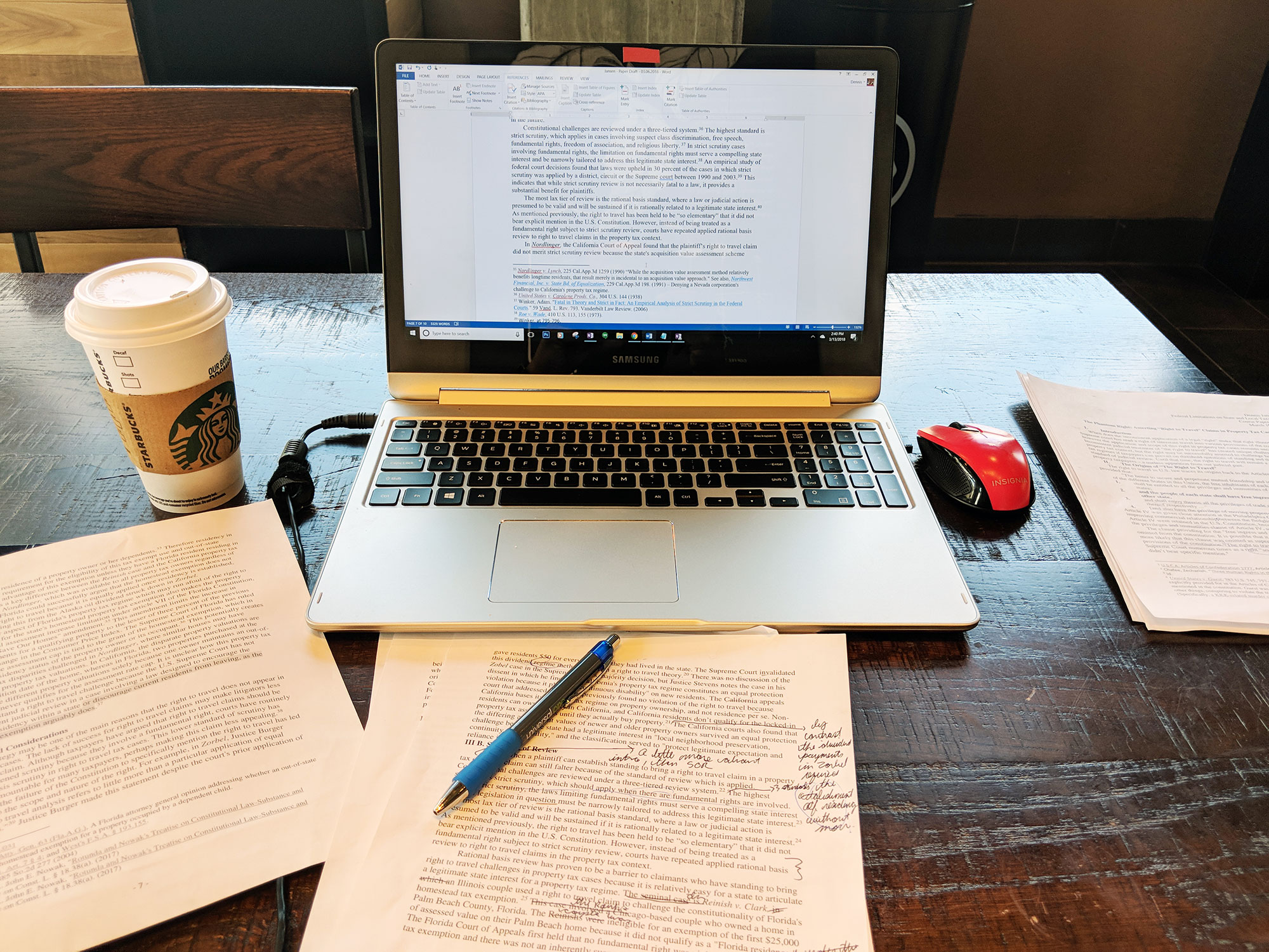 Working on a legal article at Starbucks