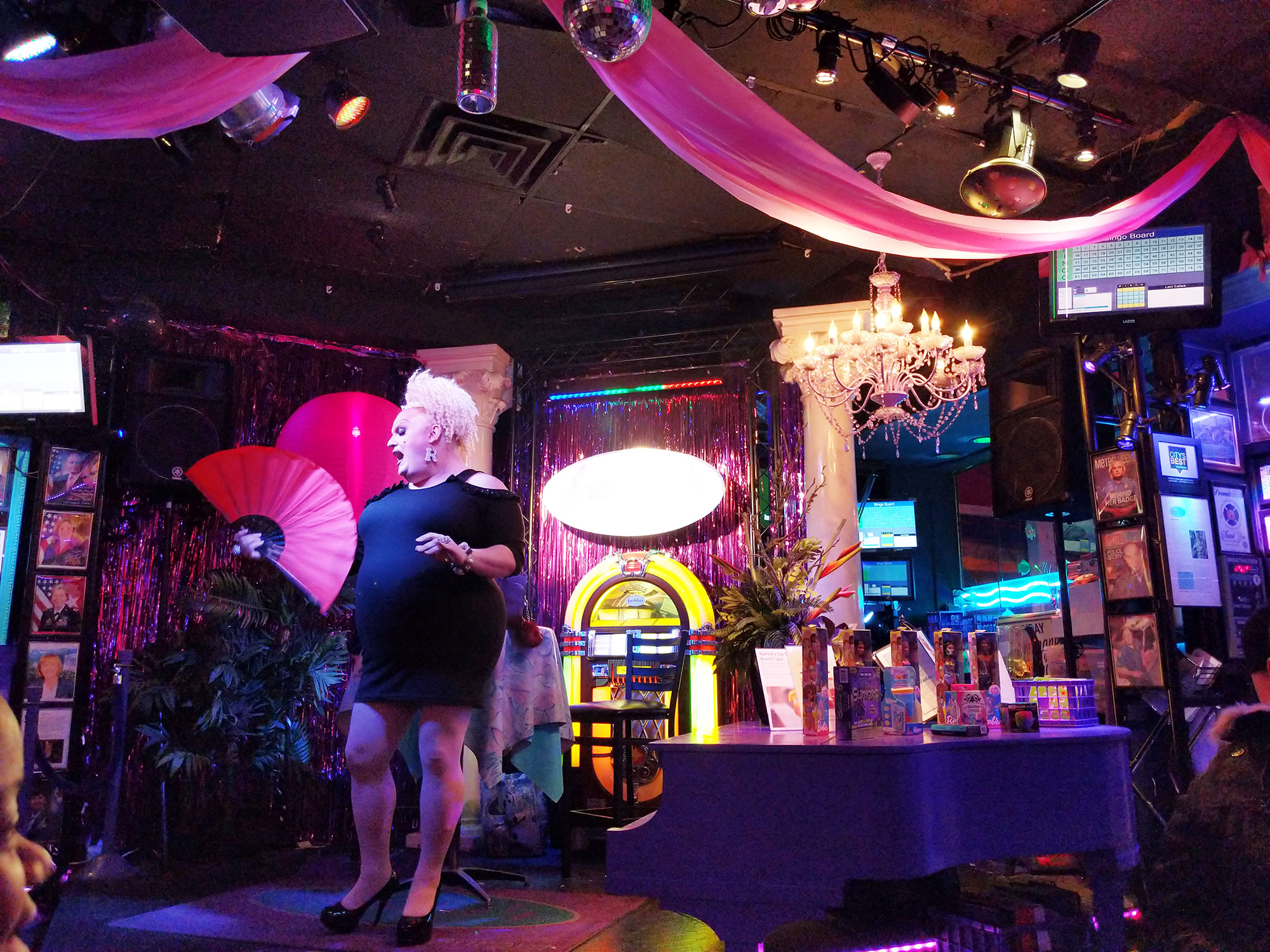 A drag queen performing at Freddies' Beach Bar in Arlington.