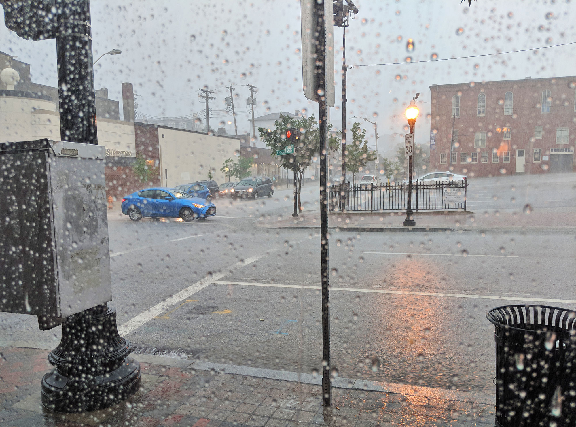 Downpour in downtown Baltimore, Maryland.