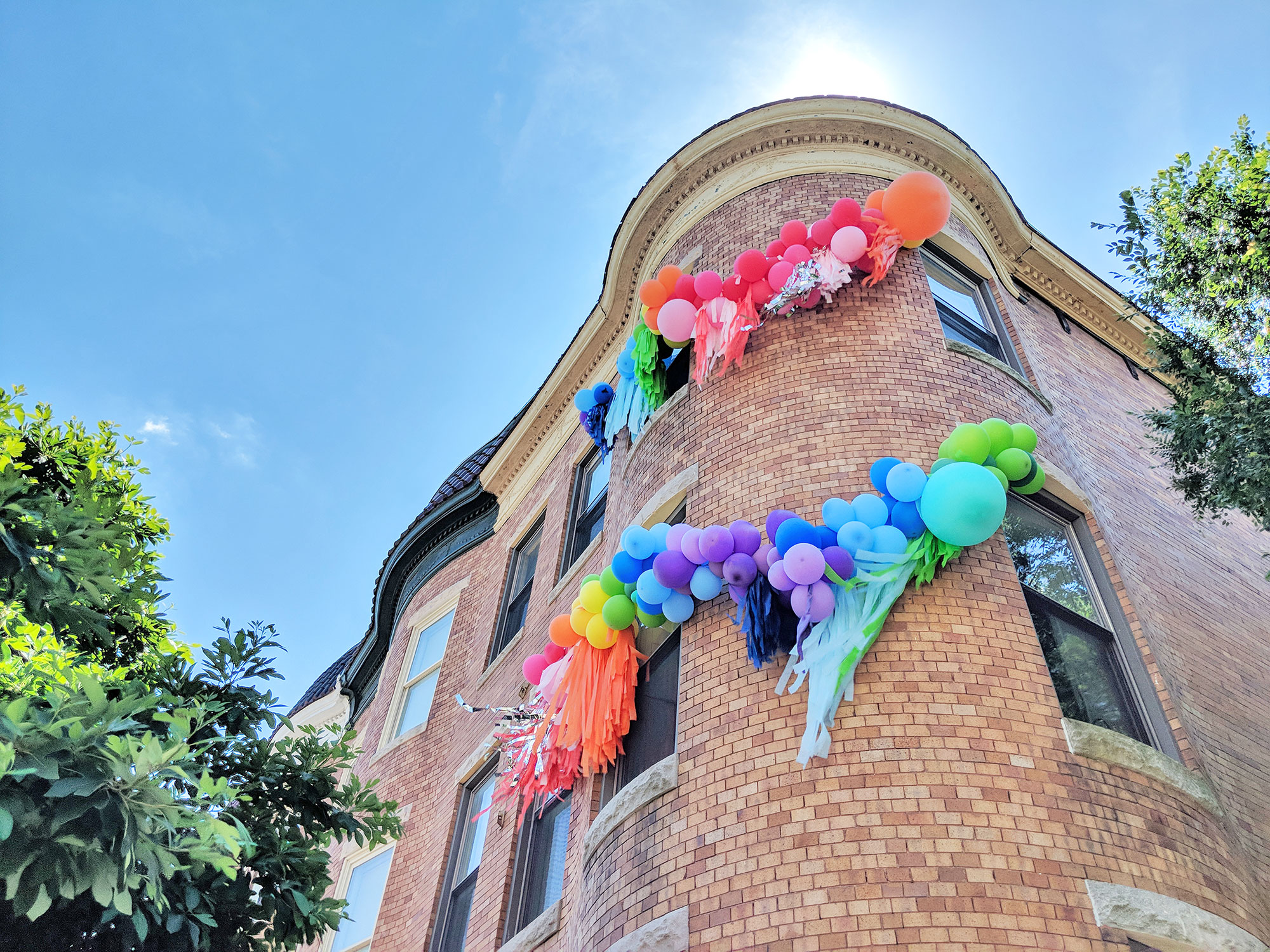 A rainbow decorated building along the gay pride route.