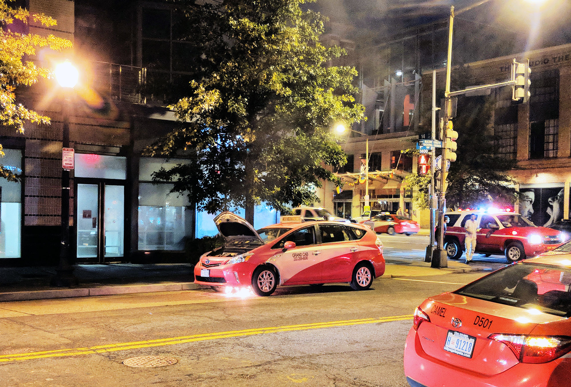 A cab on fire in the Logan Circle neighborhood of Washington D.C.