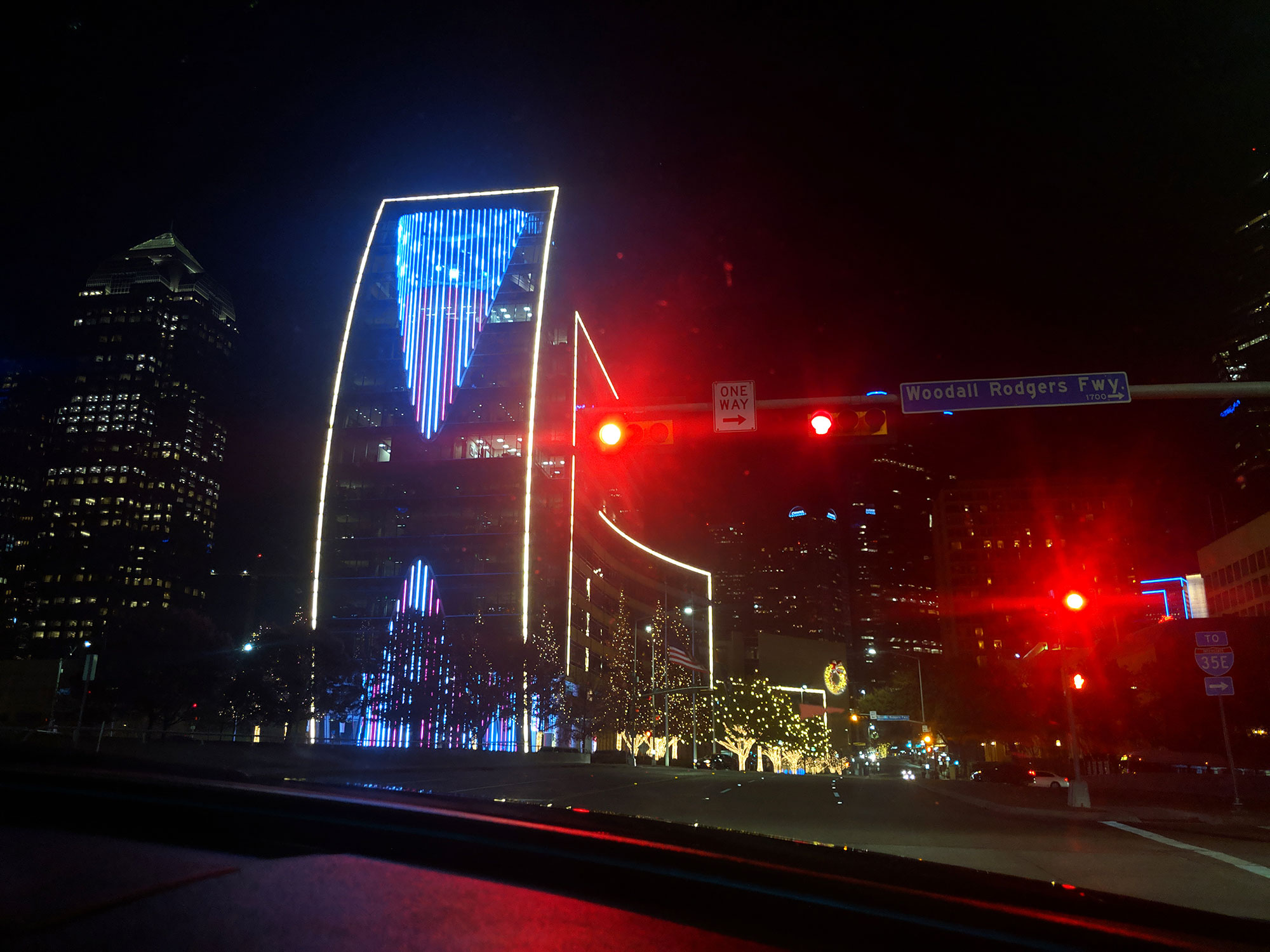 Neon lights in downtown Dallas, near Klyde Warren Park.