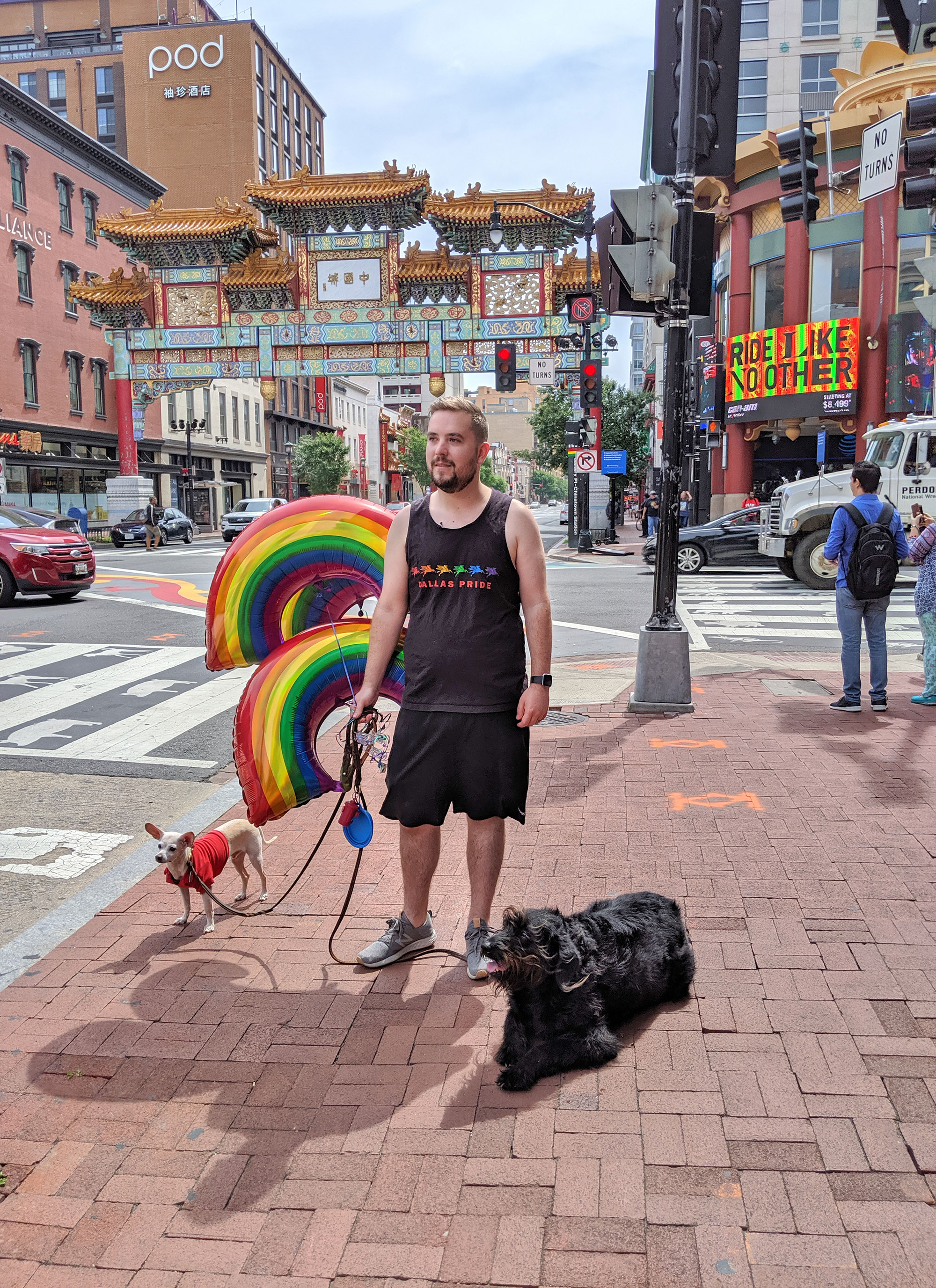 Michael and the dogs near the D.C. Chinatown Friendship Archway.