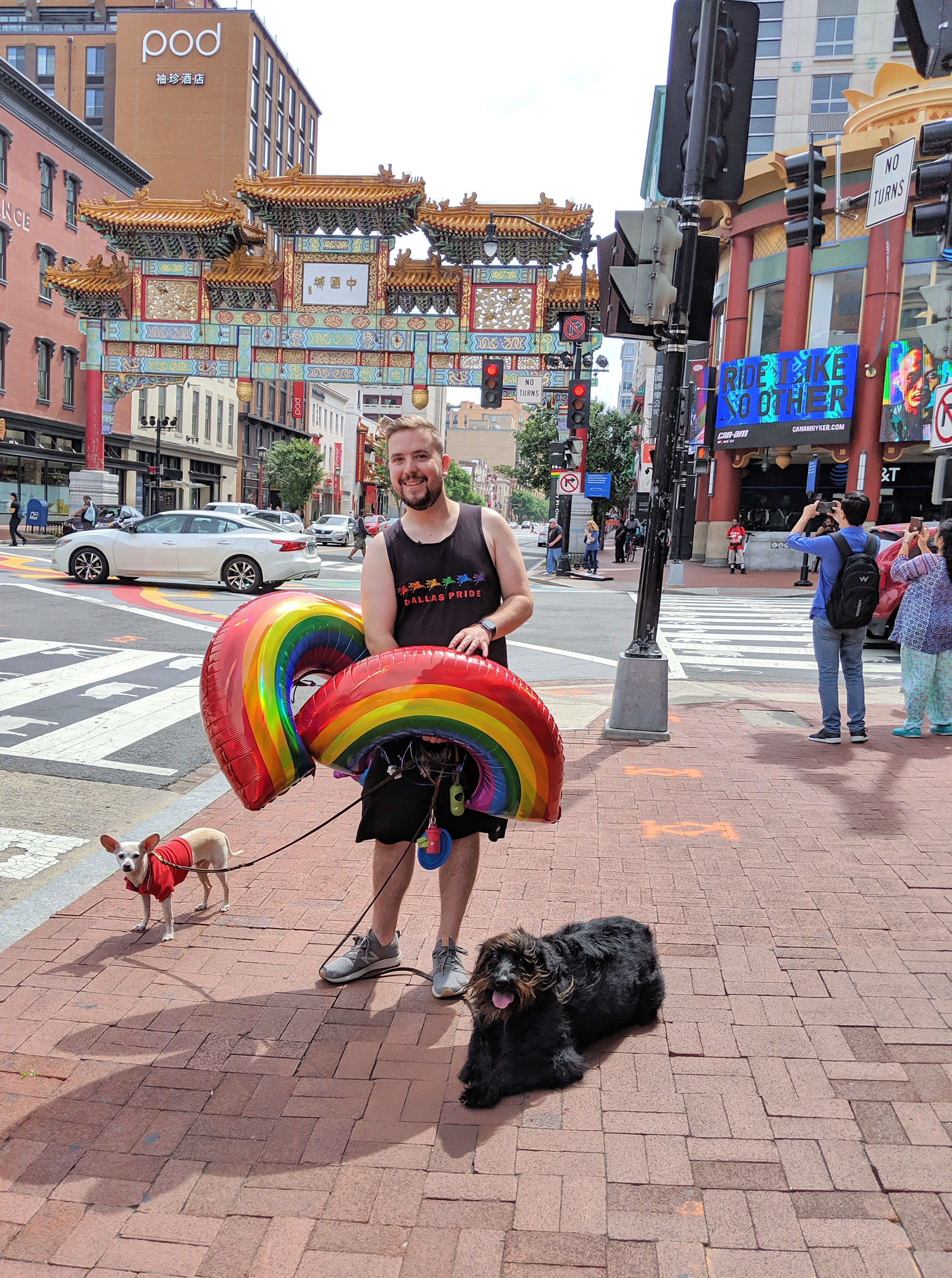 Michael and the dogs near the D.C. Chinatown Friendship Archway near Gallery Place.