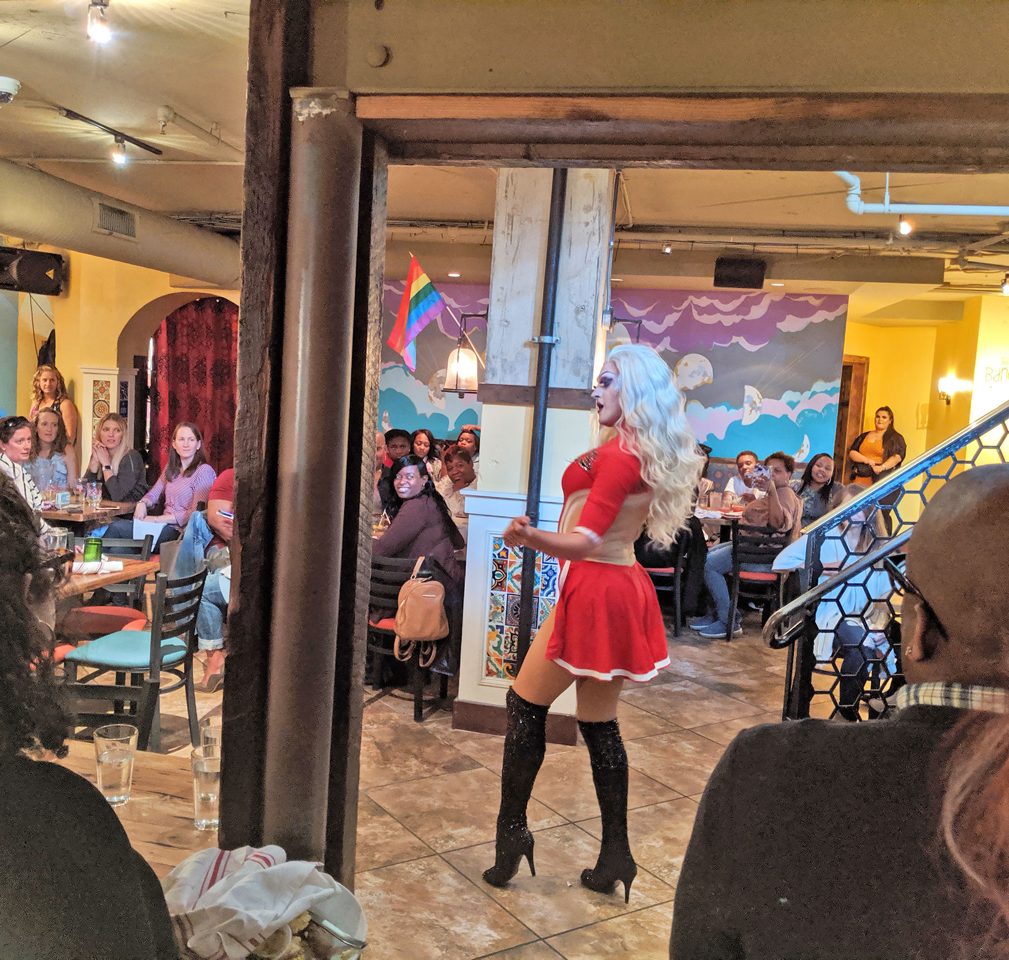 Bambi Necole Ferrah performing at drag brunch in Baltimore's at Points South Latin Kitchen.