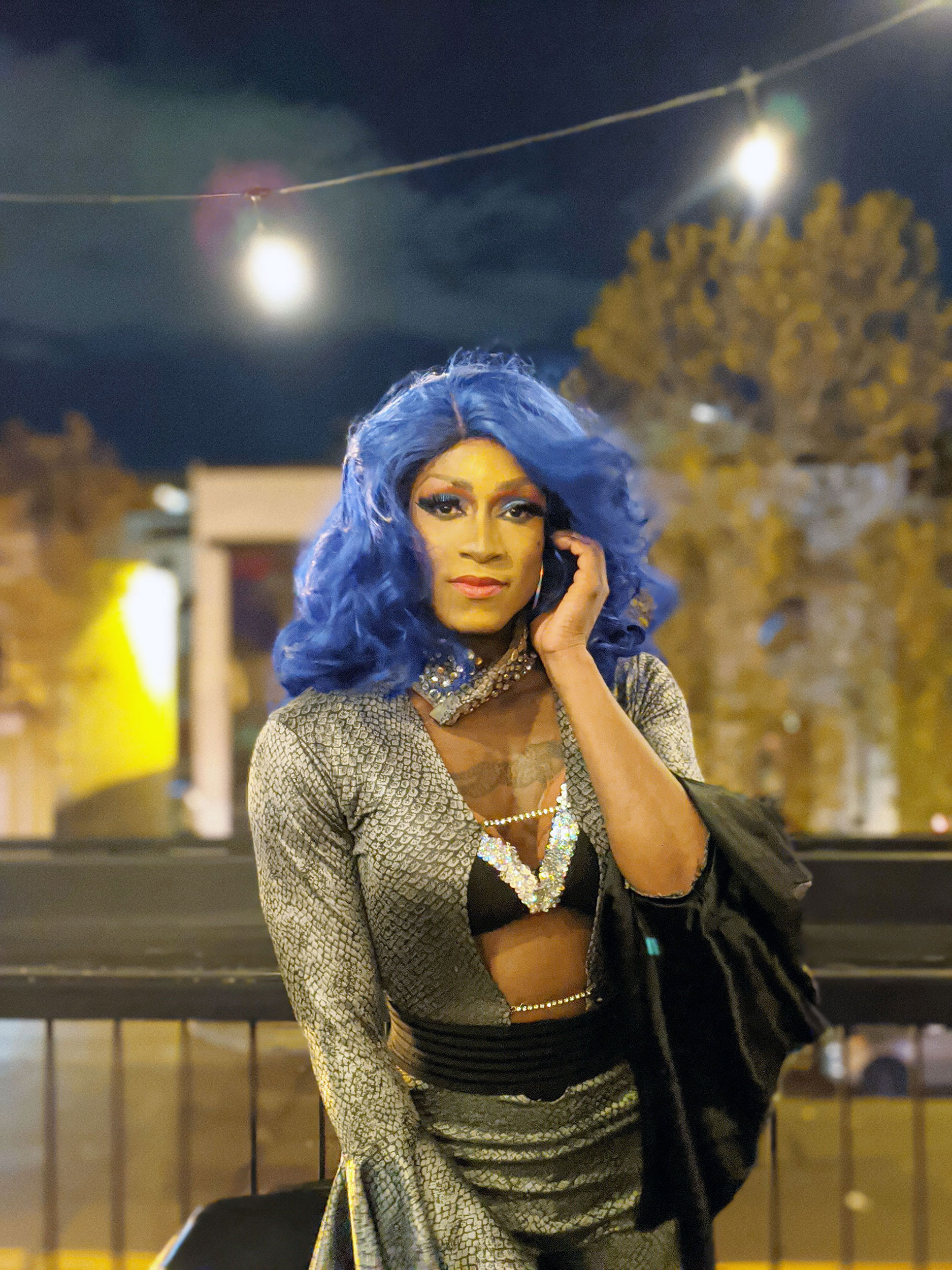 Drag queen Nubia Jackson posing at Nellie's Sports Bar.