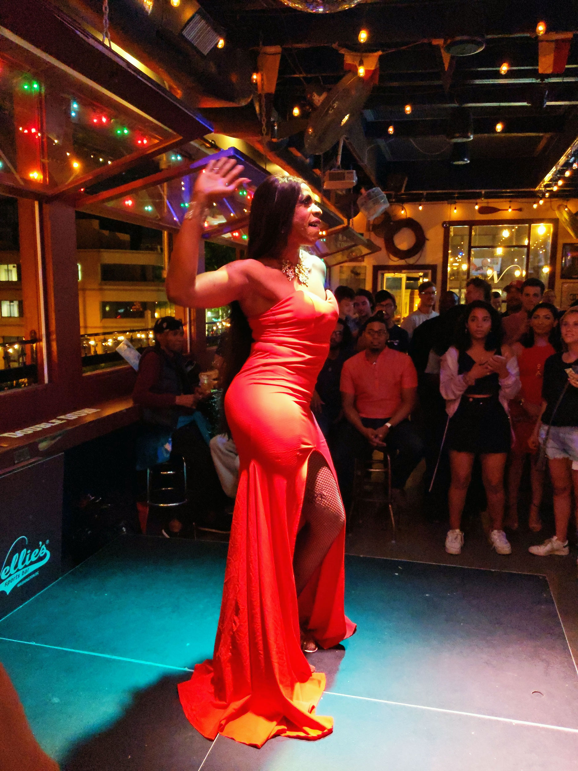 A drag queen performing at Nellie's Sports Bar.