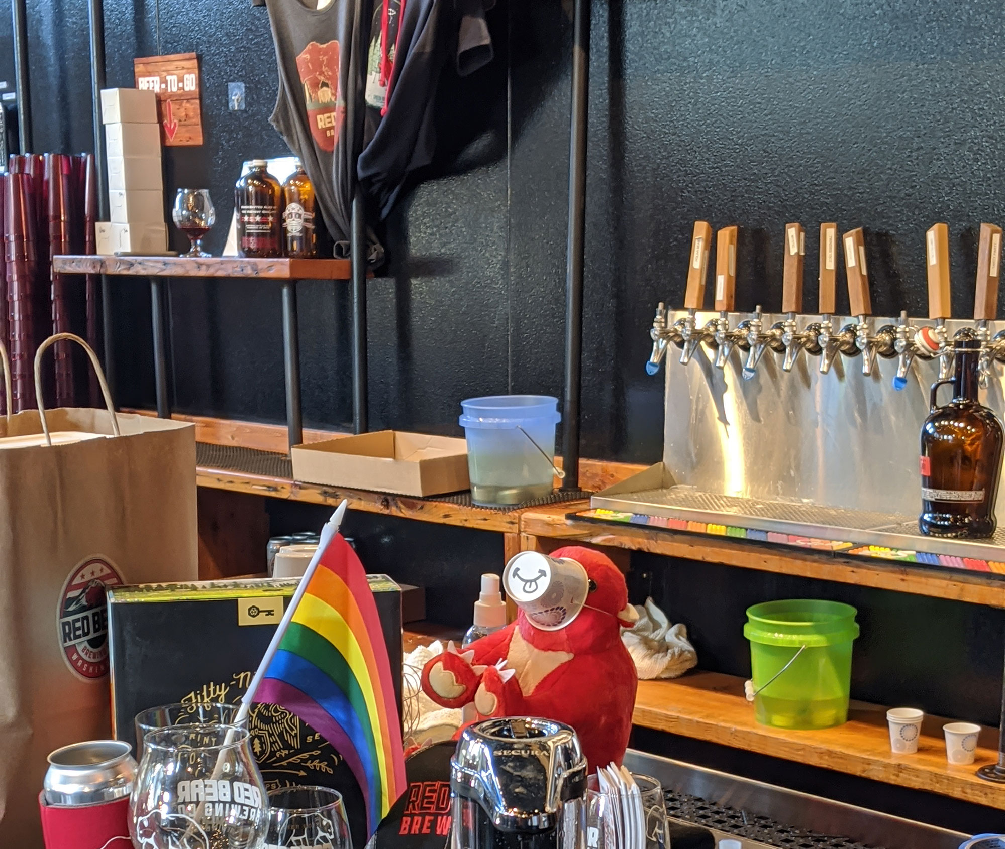 The mascot wearing a mask at Red Bear Brewing in NE DC.