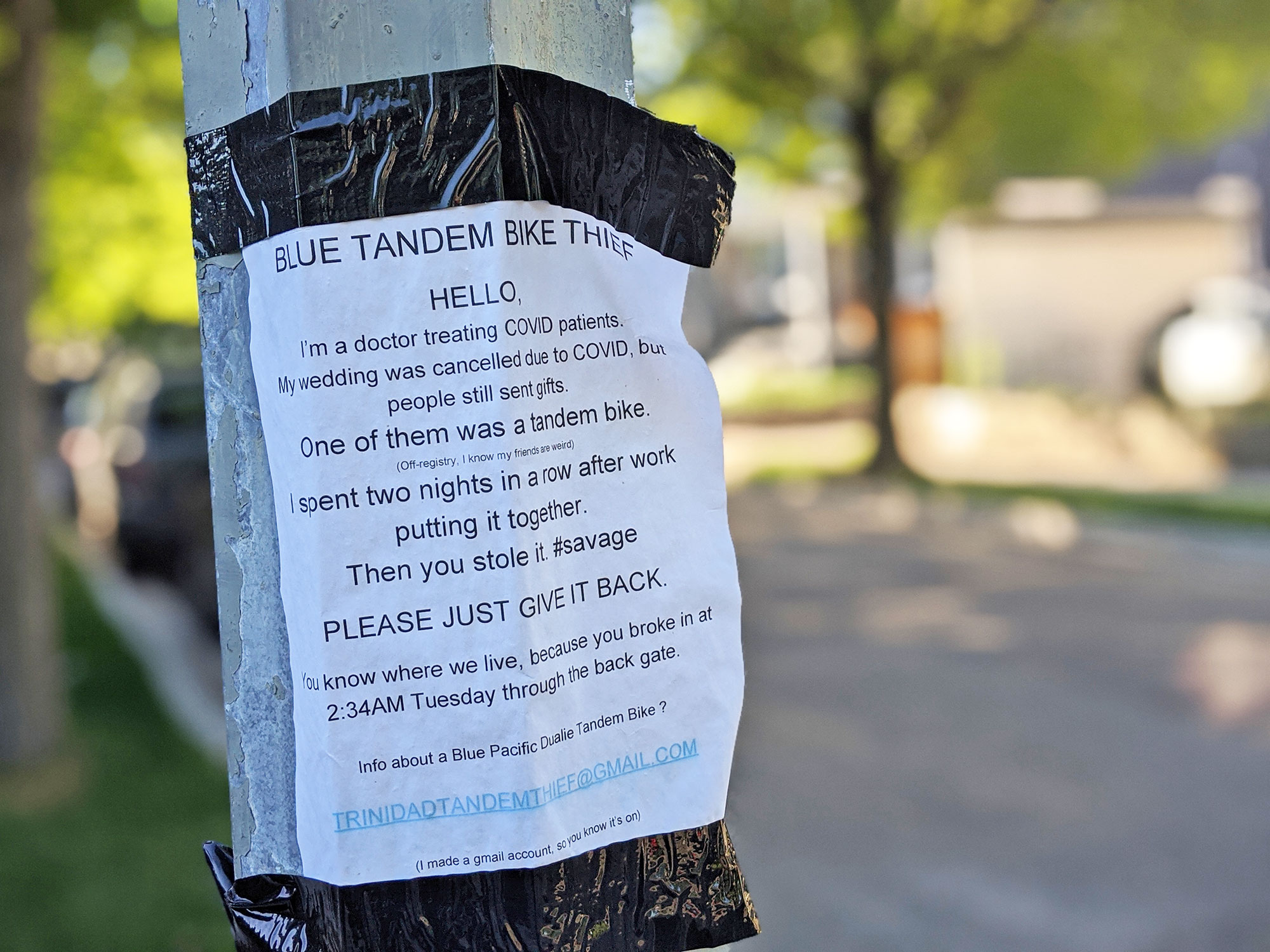 A stolen tandem bike poster in Trinidad, Washington DC, near Gallaudet University.