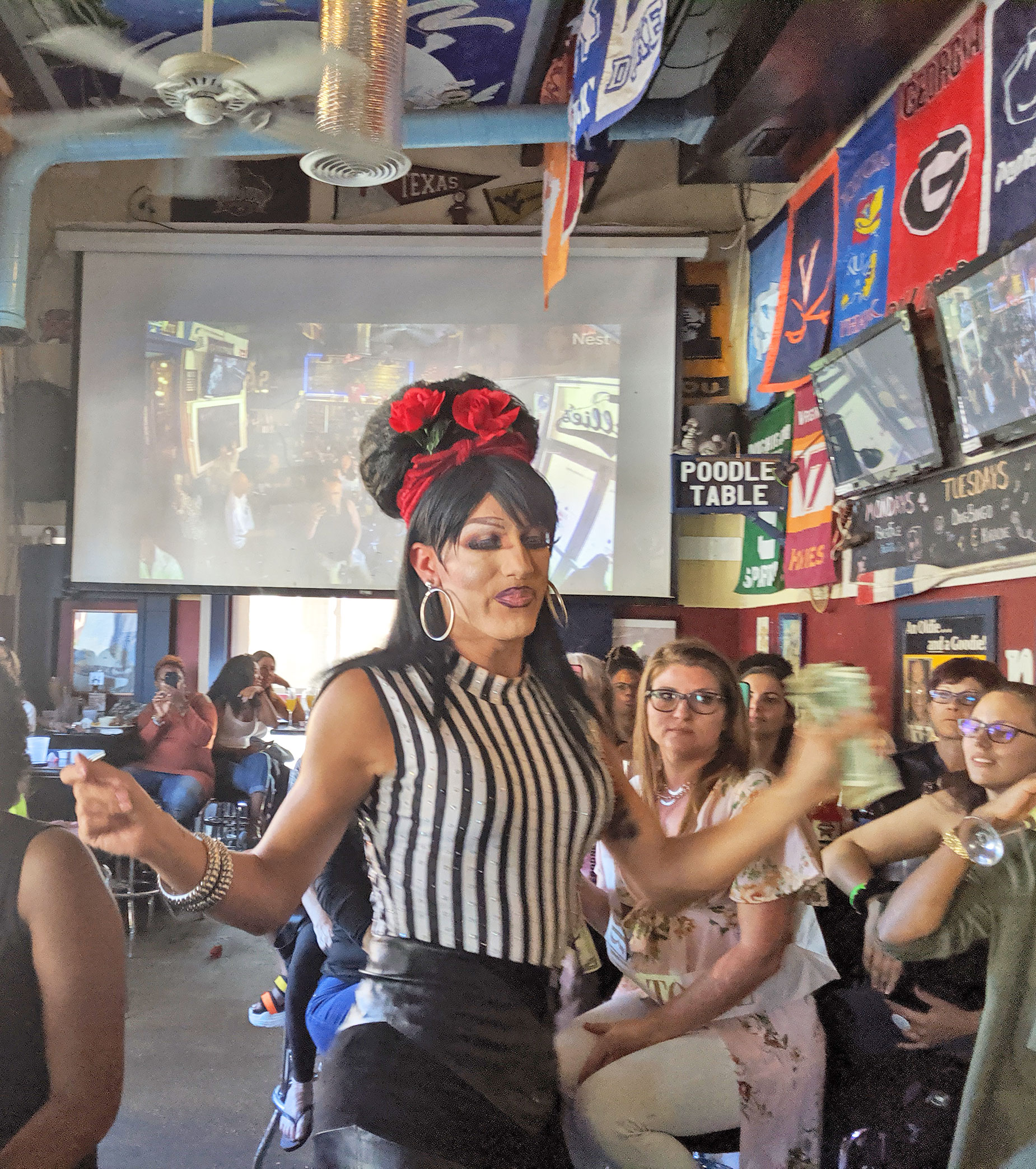 Celestia Cox performing at Nellie's Sports Bar drag brunch.