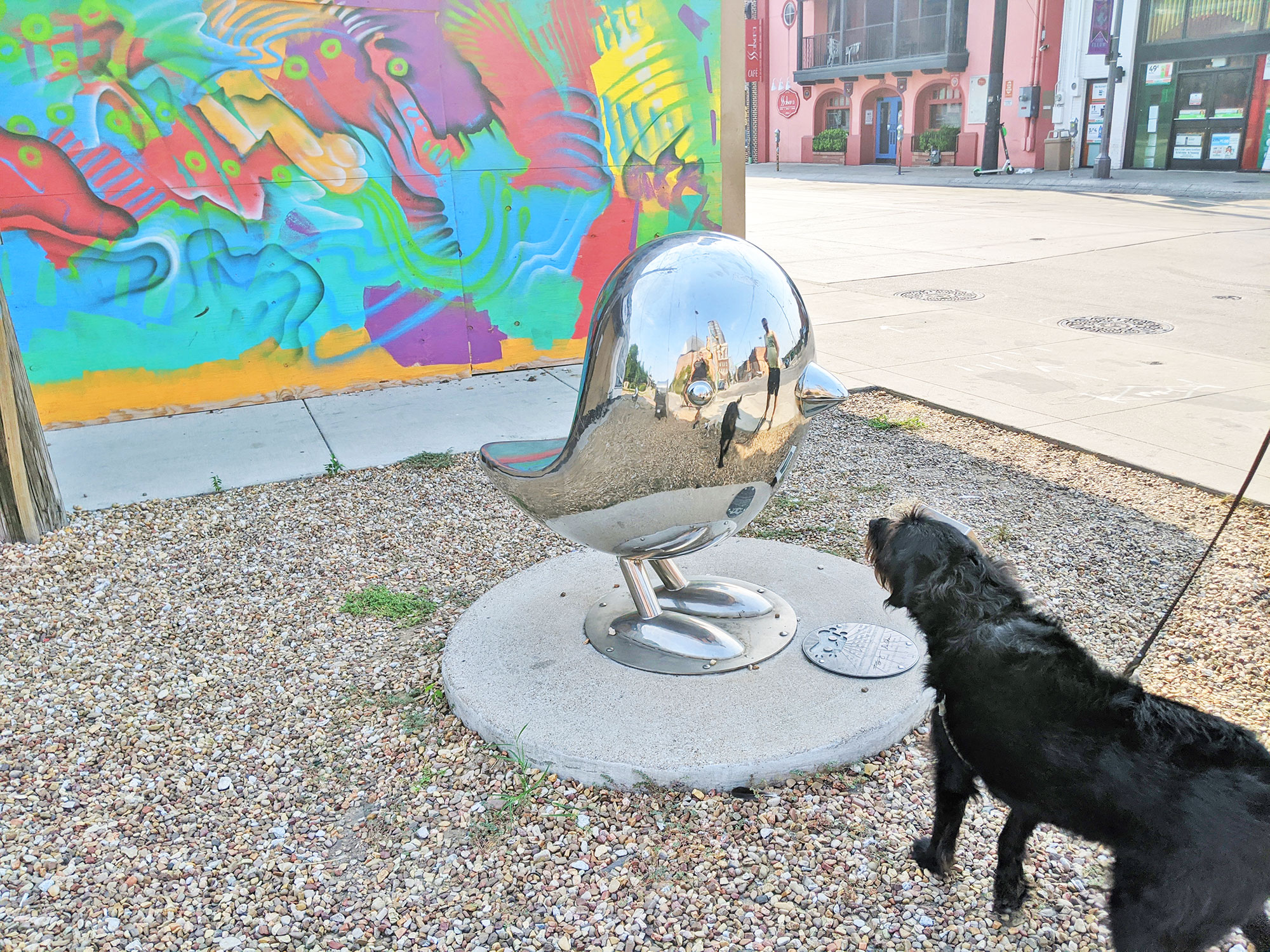 Ingrid the labradoodle and a creepy bird sculpture in Deep Ellum, Dallas.