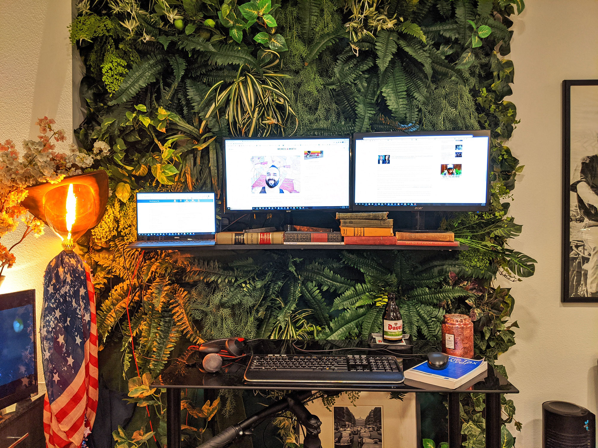 The finished green wall and biking desk.