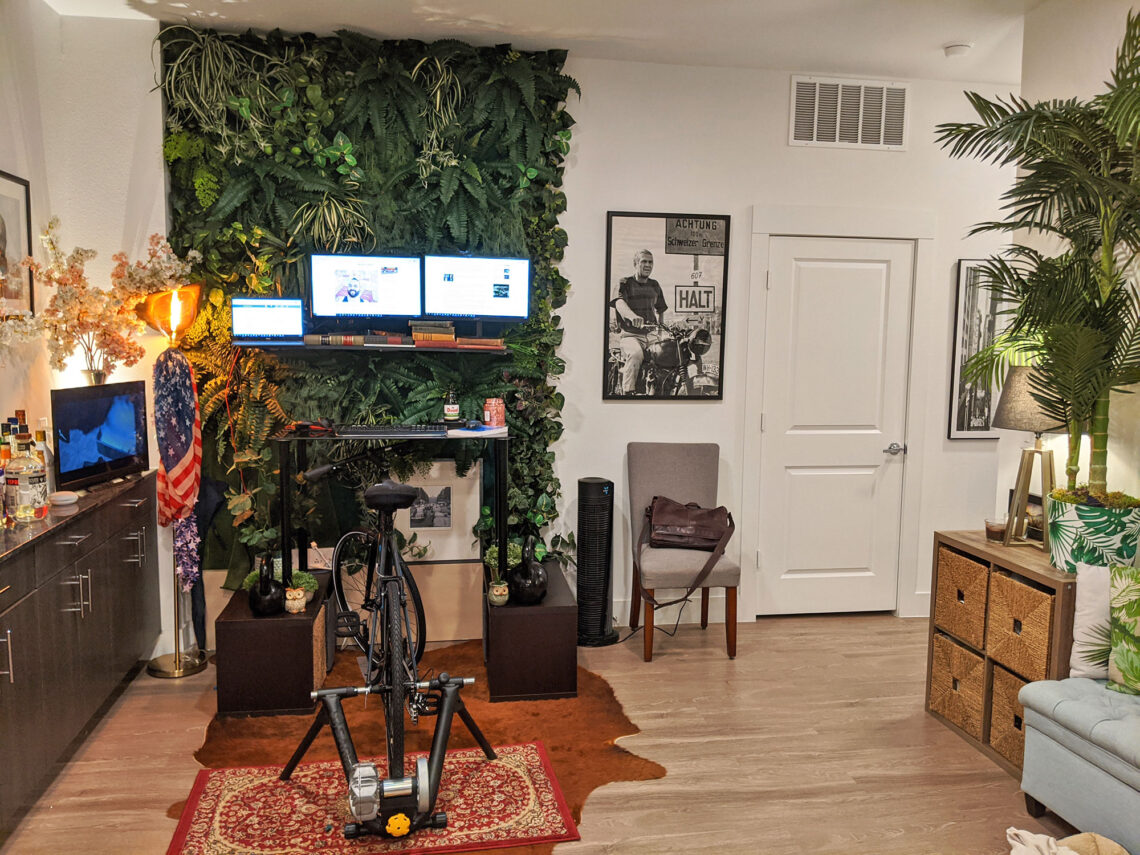 The finished green wall and biking desk.