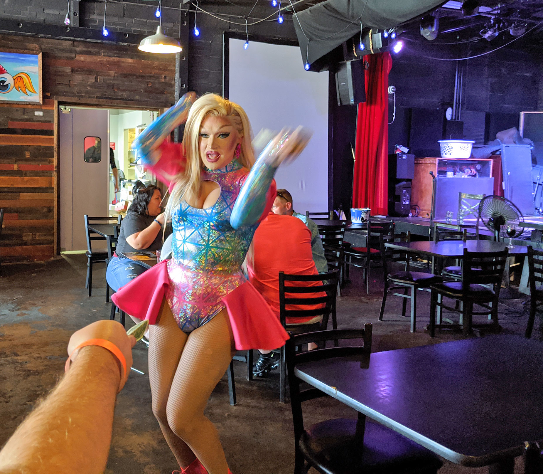 Drag queen Nayda Montana performing at The Free Man drag brunch in Deep Ellum.