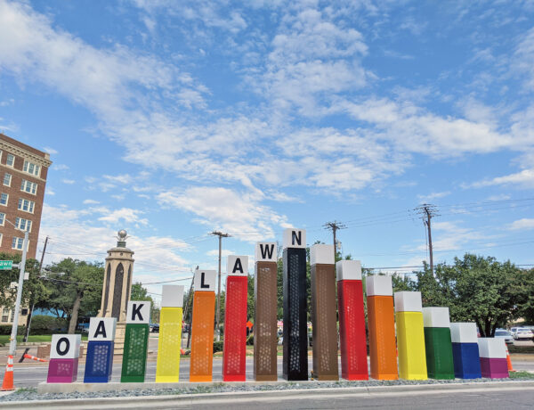 The new rainbow gateway sign in Oak Lawn, Dallas.