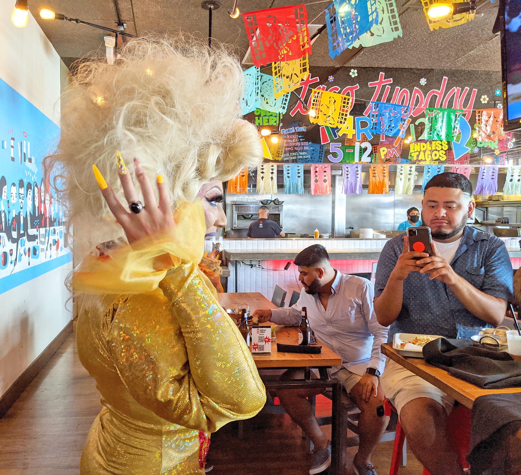 Dallas drag performer Emeka Bless performing at TNT Tacos and Tequilas brunch.