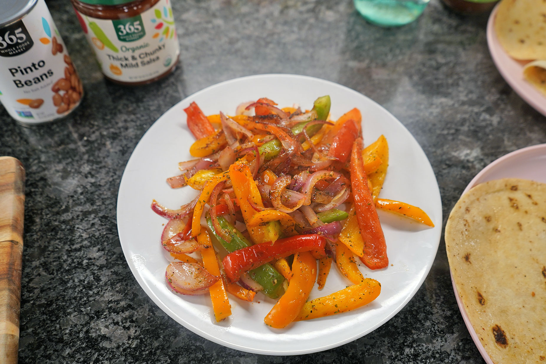 Seasoned fajita vegetables for tacos.