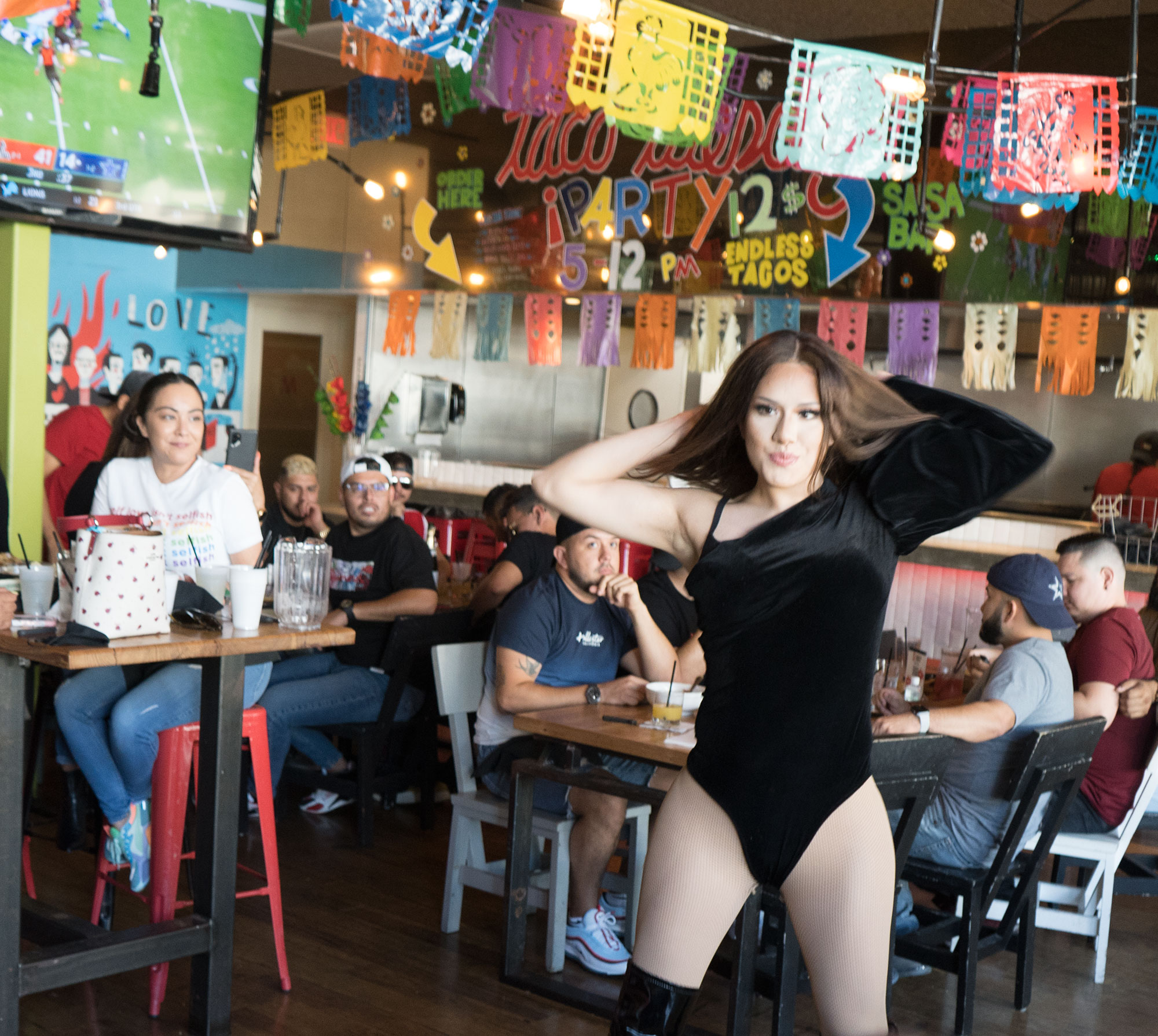 Angelique Majesty at TNT Taco and Tequila drag brunch in Dallas.