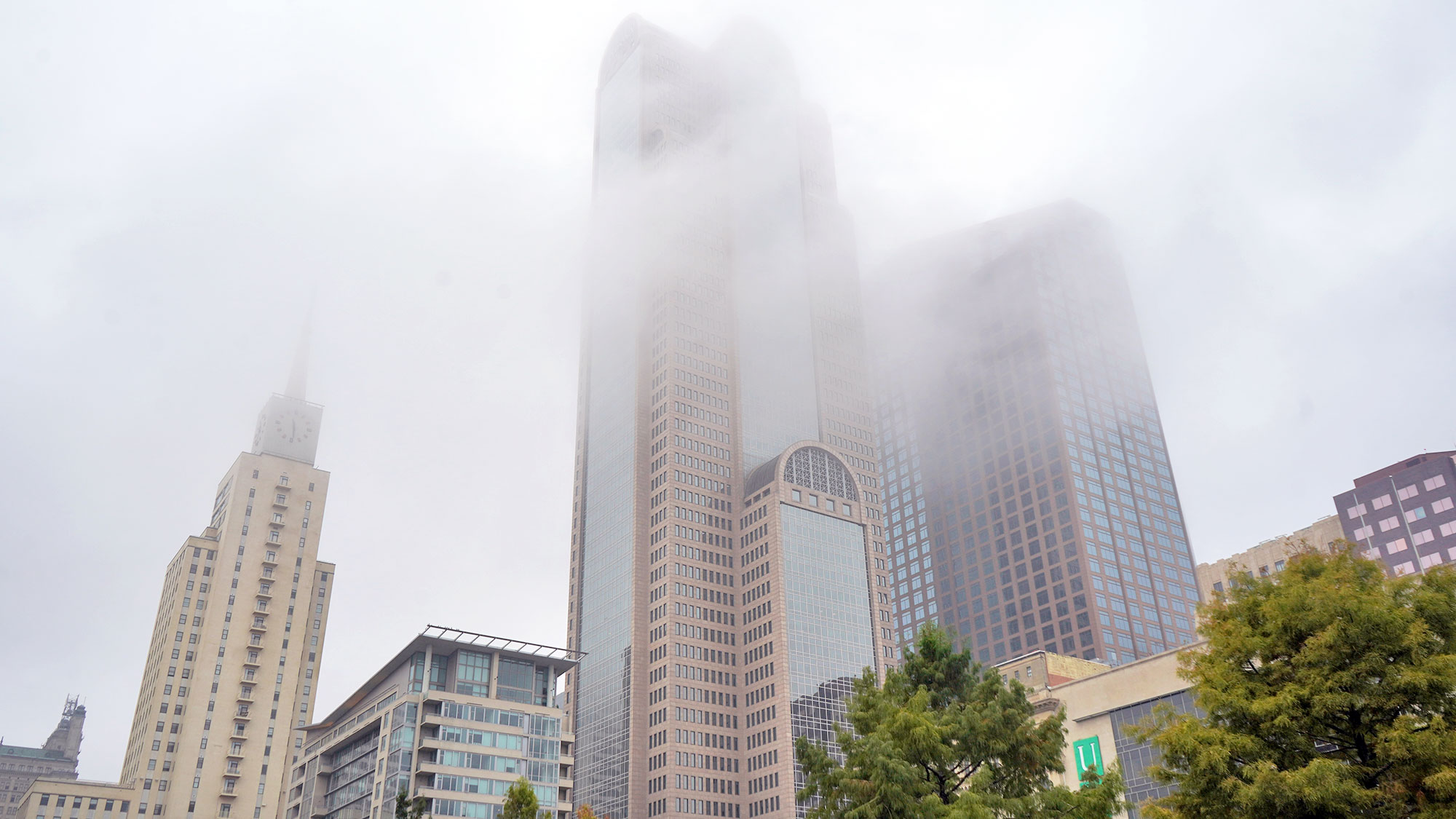 The Comerica Bank Tower in fog.